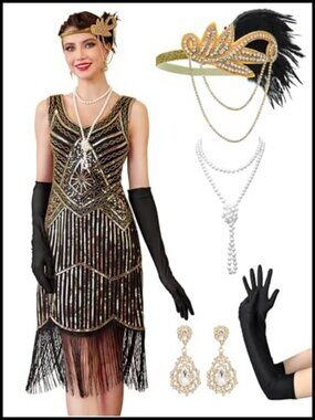 1920s Flapper Dress Fringe Sequin Beaded Sleeveless Great Gatsby Costume